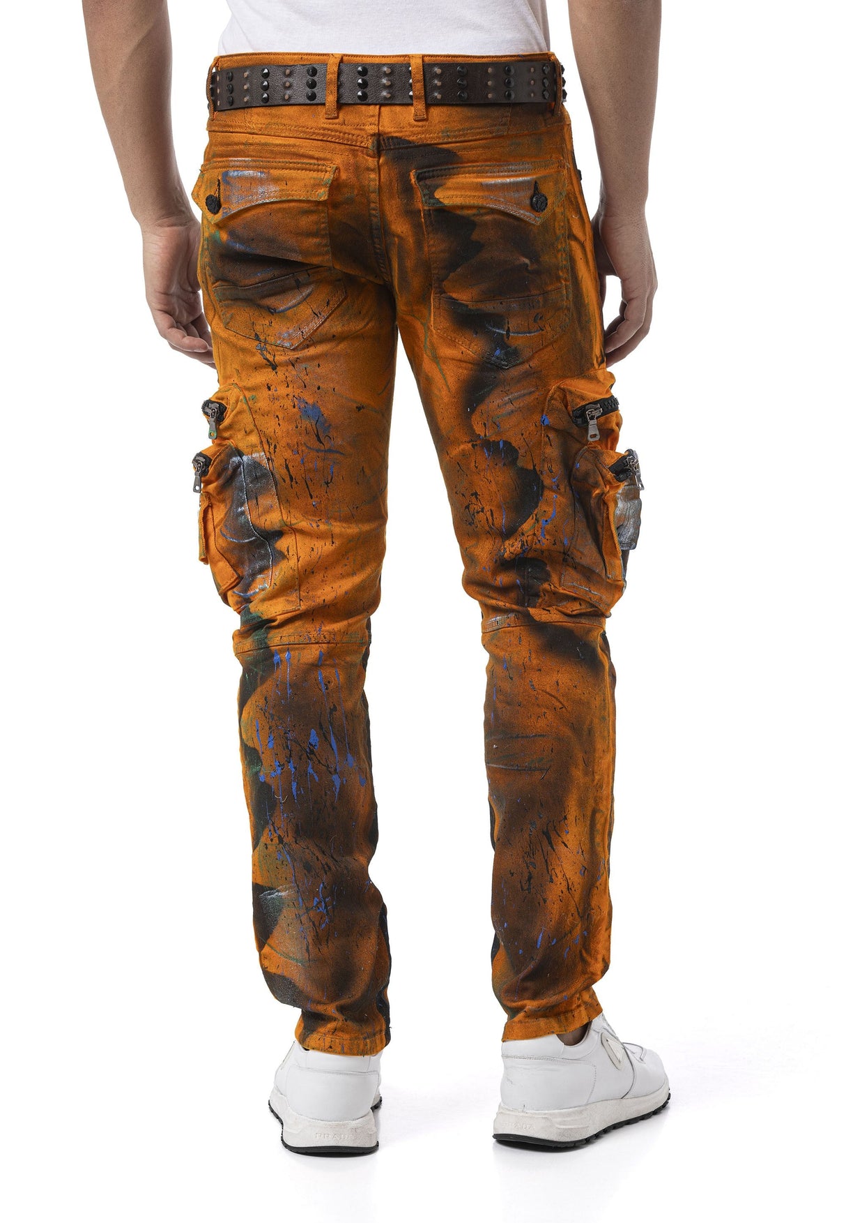 Erkek Straight Fit Turuncu Siyah Kargo Cepli Detaylı Pantolon CD902