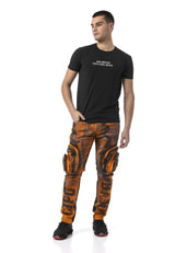 Erkek Straight Fit Turuncu Siyah Kargo Cepli Detaylı Pantolon CD902