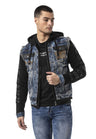 Erkek Kapüşonlu Denim Fermuarlı Sweatshirt Kollu Baskı Detaylı Ceket - CJ309