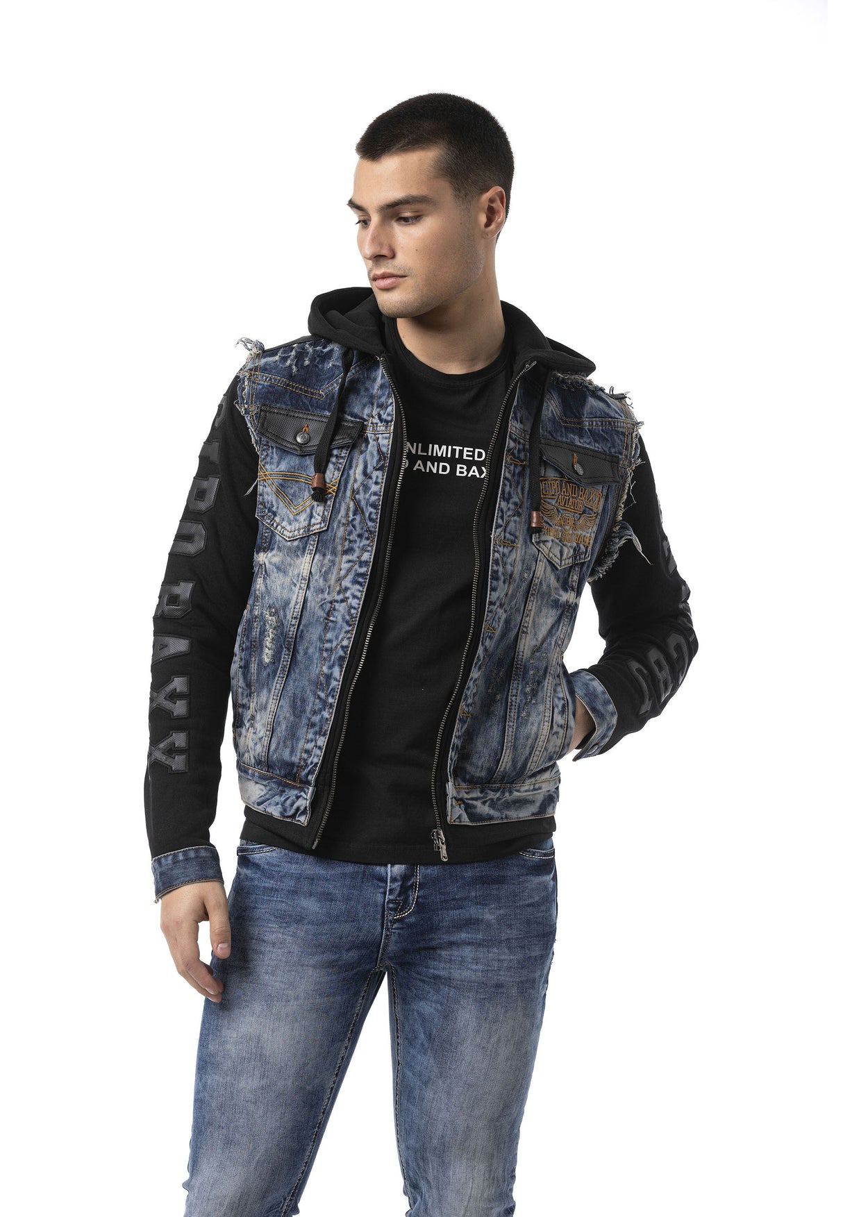 Erkek Kapüşonlu Denim Fermuarlı Sweatshirt Kollu Baskı Detaylı Ceket - CJ309