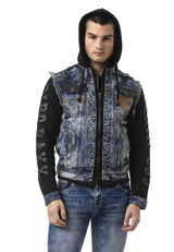 Erkek Kapüşonlu Denim Fermuarlı Sweatshirt Kollu Baskı Detaylı Ceket - CJ309