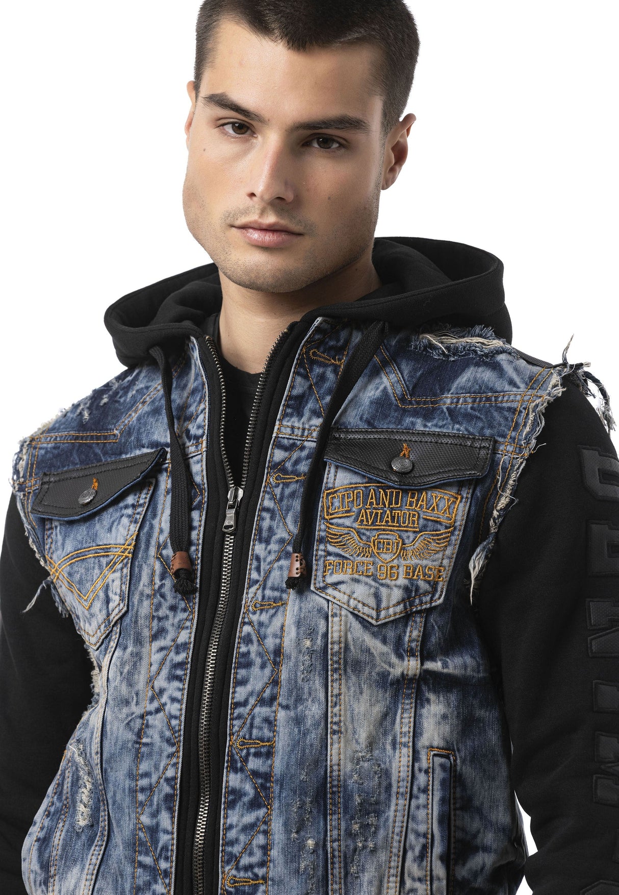 Erkek Kapüşonlu Denim Fermuarlı Sweatshirt Kollu Baskı Detaylı Ceket - CJ309