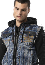 Erkek Kapüşonlu Denim Fermuarlı Sweatshirt Kollu Baskı Detaylı Ceket - CJ309