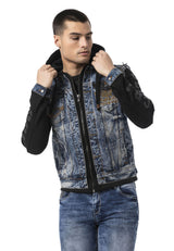 Erkek Kapüşonlu Denim Fermuarlı Sweatshirt Kollu Baskı Detaylı Ceket - CJ309