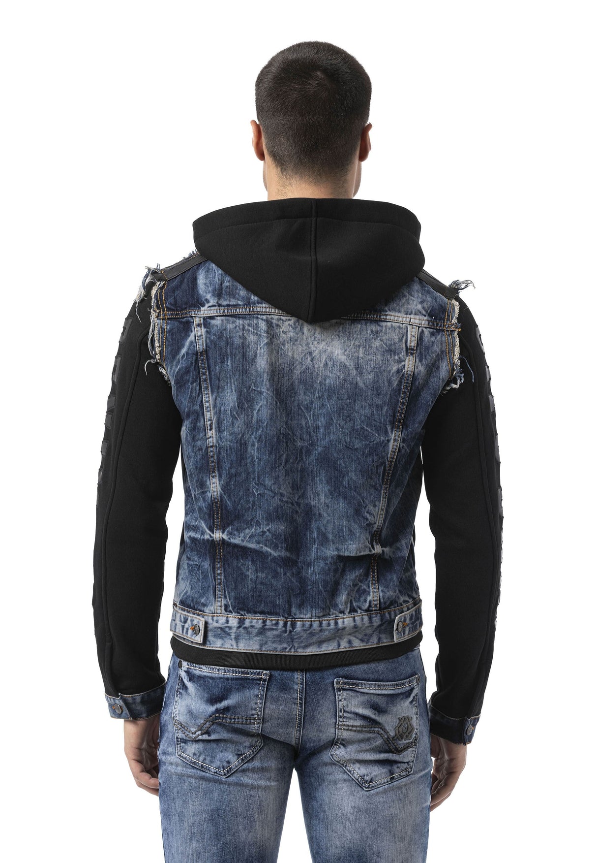 Erkek Kapüşonlu Denim Fermuarlı Sweatshirt Kollu Baskı Detaylı Ceket - CJ309