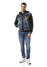 Erkek Kapüşonlu Denim Fermuarlı Sweatshirt Kollu Baskı Detaylı Ceket - CJ309