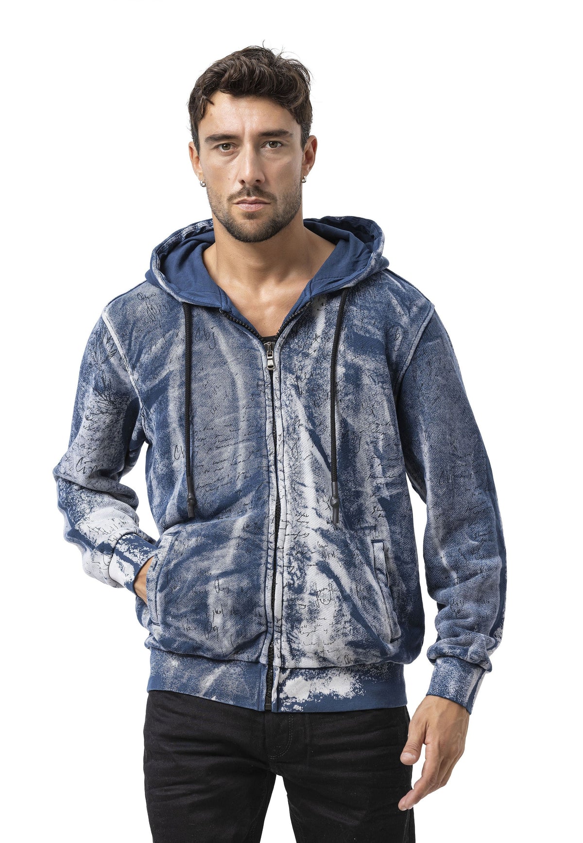 Erkek Fermuarlı Kapüşonlu Yıkamalı Desenli Sweatshirt Ceket CL594