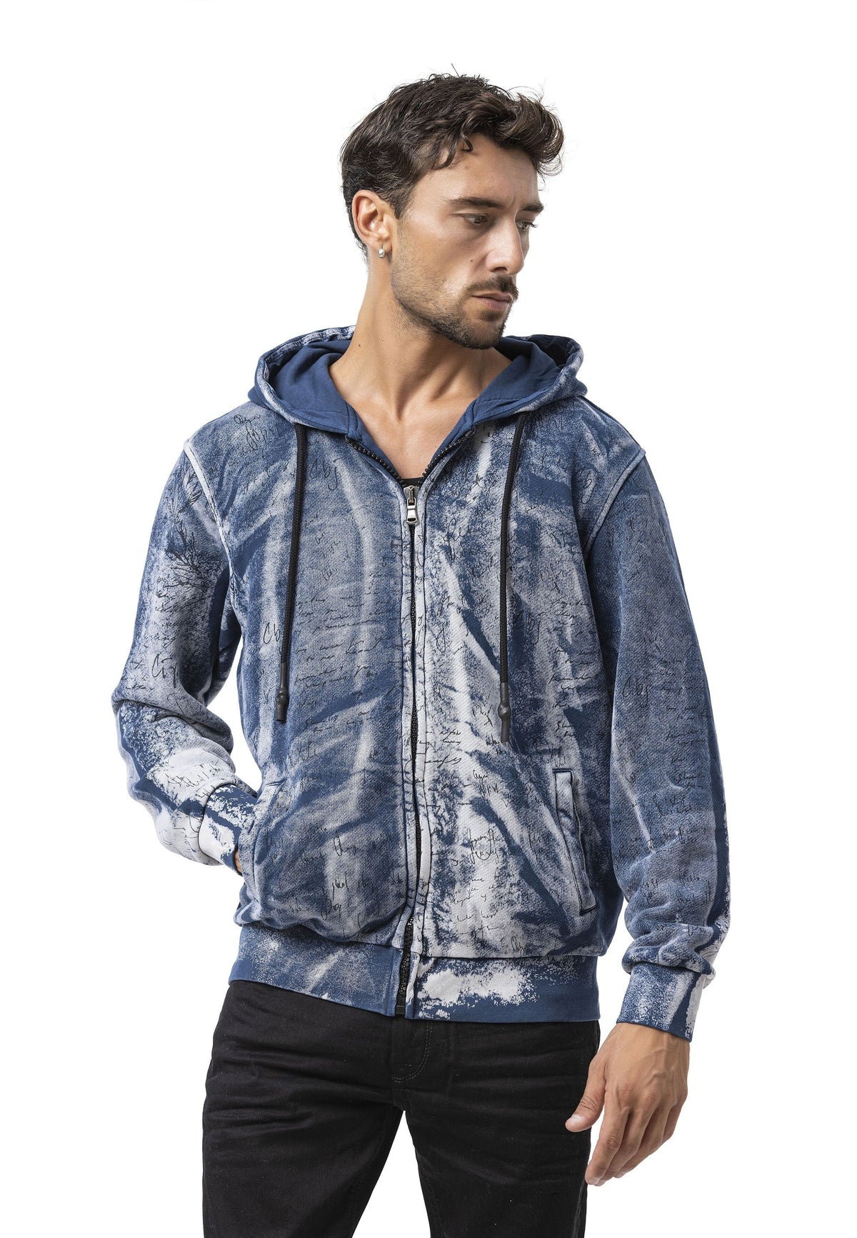 Erkek Fermuarlı Kapüşonlu Yıkamalı Desenli Sweatshirt Ceket CL594