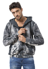 Erkek Fermuarlı Kapüşonlu Yıkamalı Desenli Sweatshirt Ceket CL594
