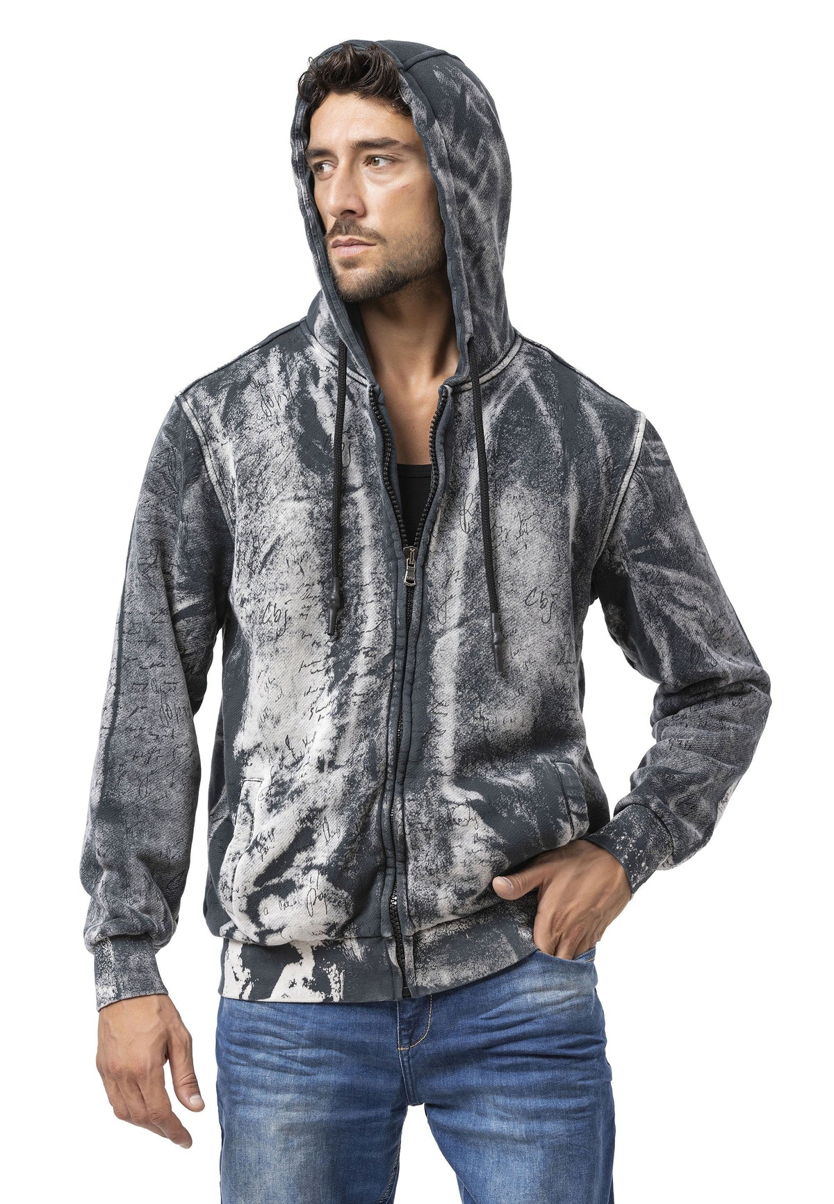 Erkek Fermuarlı Kapüşonlu Yıkamalı Desenli Sweatshirt Ceket CL594