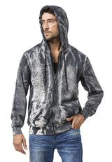 Erkek Fermuarlı Kapüşonlu Yıkamalı Desenli Sweatshirt Ceket CL594