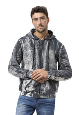 Erkek Fermuarlı Kapüşonlu Yıkamalı Desenli Sweatshirt Ceket CL594