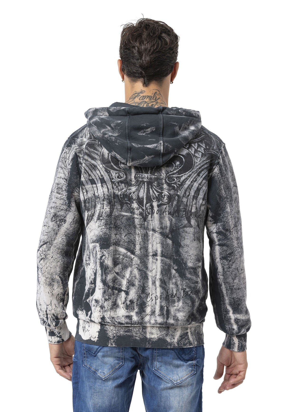 Erkek Fermuarlı Kapüşonlu Yıkamalı Desenli Sweatshirt Ceket CL594