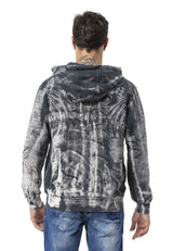 Erkek Fermuarlı Kapüşonlu Yıkamalı Desenli Sweatshirt Ceket CL594