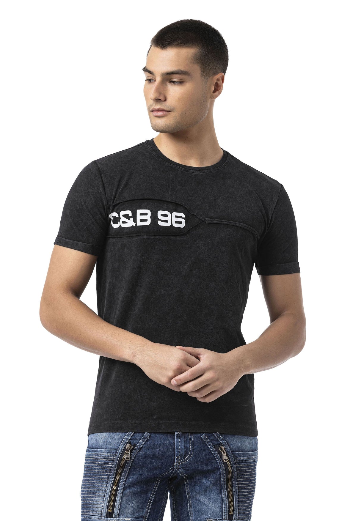 Erkek Regular Fit Siyah Bisiklet Yaka Kısa Kollu Yazı Detaylı Tişört CT805