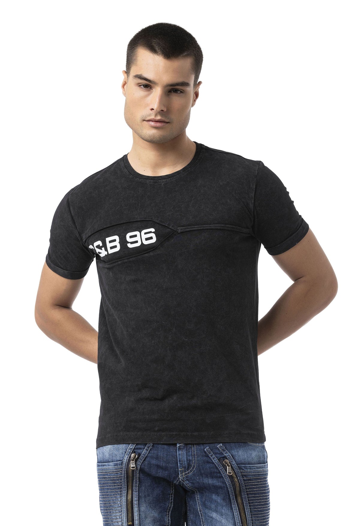 Erkek Regular Fit Siyah Bisiklet Yaka Kısa Kollu Yazı Detaylı Tişört CT805
