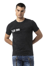 Erkek Regular Fit Siyah Bisiklet Yaka Kısa Kollu Yazı Detaylı Tişört CT805