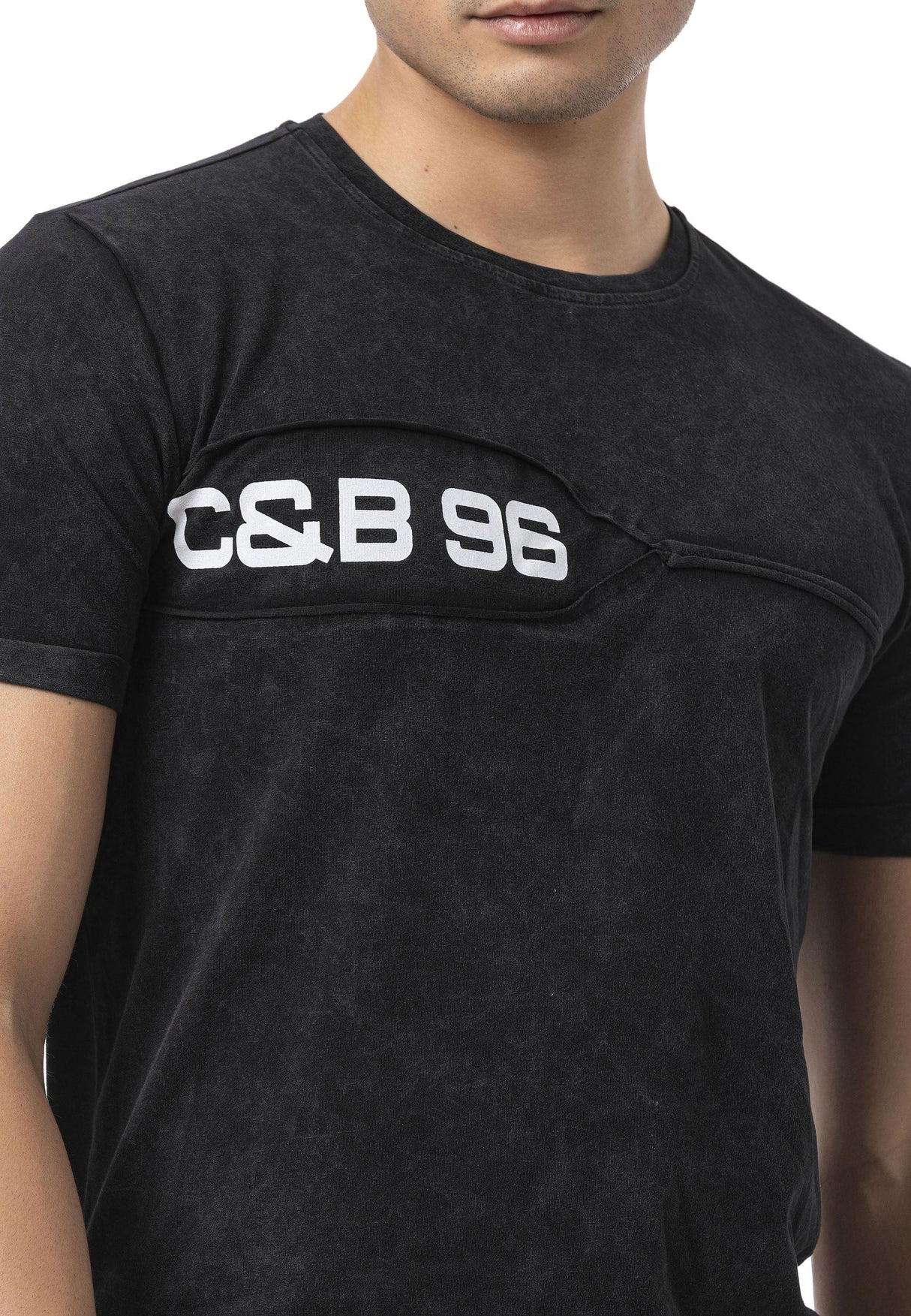 Erkek Regular Fit Siyah Bisiklet Yaka Kısa Kollu Yazı Detaylı Tişört CT805