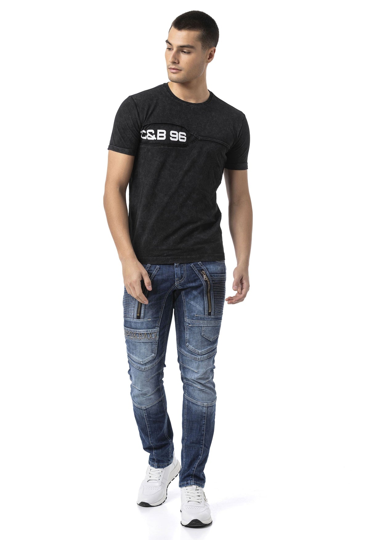 Erkek Regular Fit Siyah Bisiklet Yaka Kısa Kollu Yazı Detaylı Tişört CT805