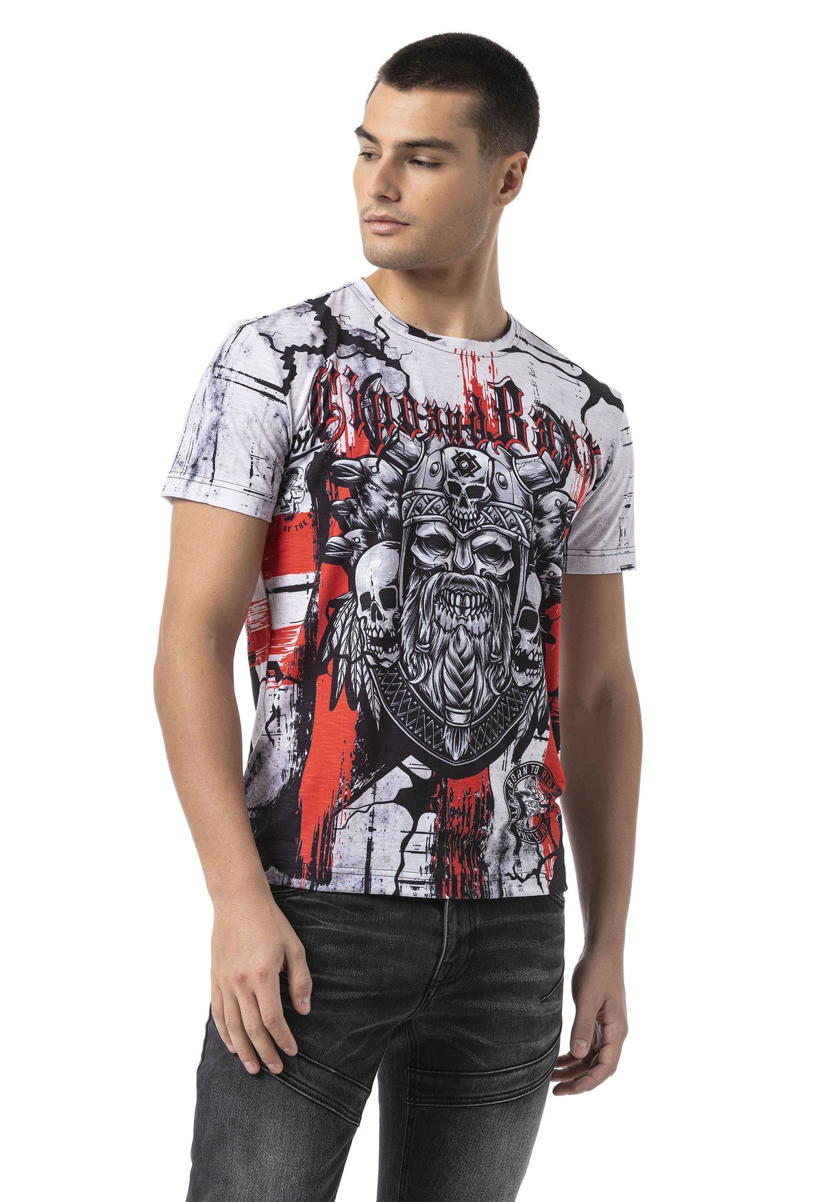 Erkek Regular Fit Viking Kuru Kafa Baskılı Bisiklet Yaka Premium Streetwear Tişört CT819