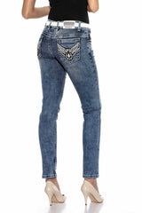 WD401 Taşlı   KanatLı Cep Detaylı Jeans Pantolon