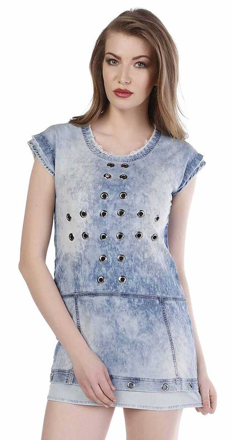 WY108 Delikli Metal Detaylı Kot  Mini Elbise