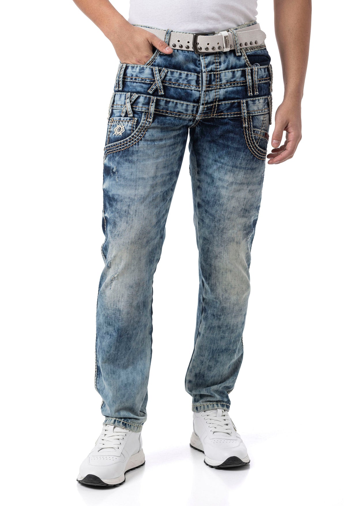 Erkek Regular Fit Tasarım Bel Detaylı Yıkamalı Denim Jean Pantolon CD910