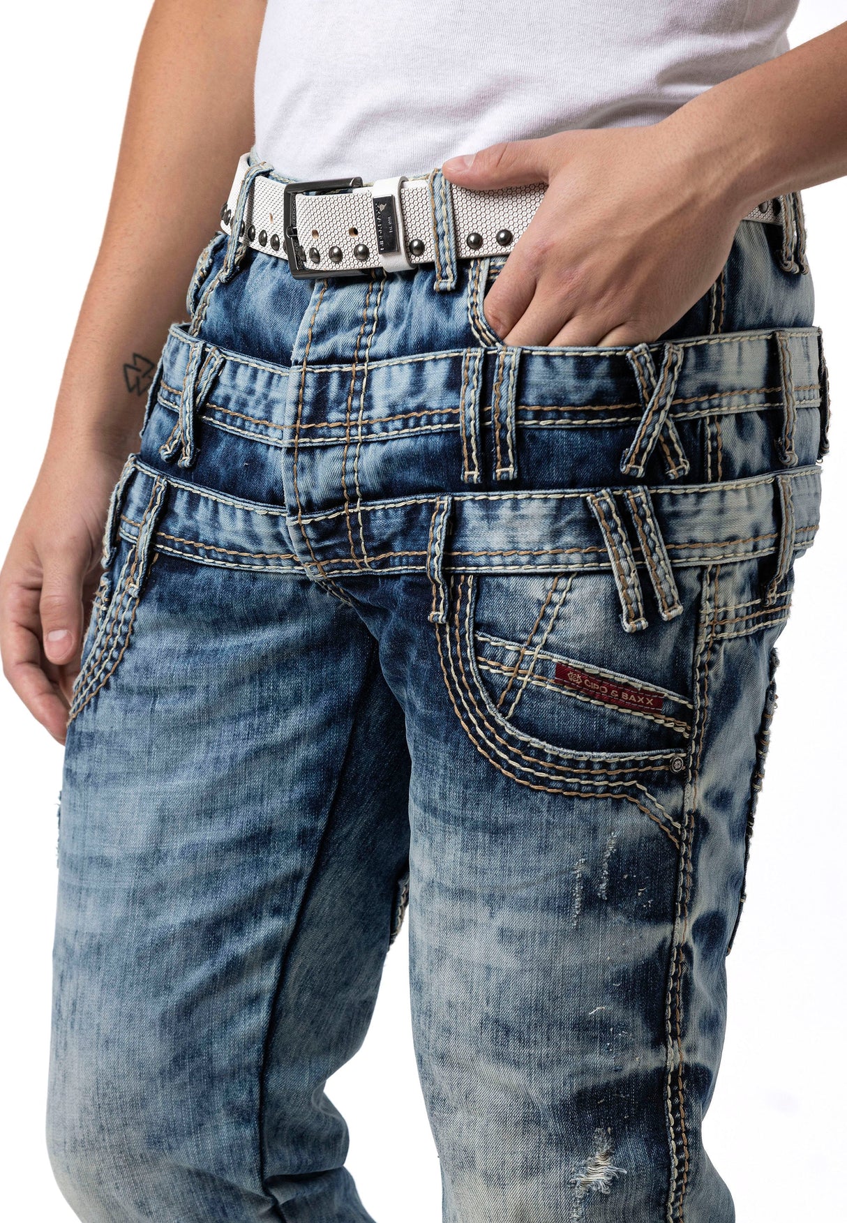Erkek Regular Fit Tasarım Bel Detaylı Yıkamalı Denim Jean Pantolon CD910