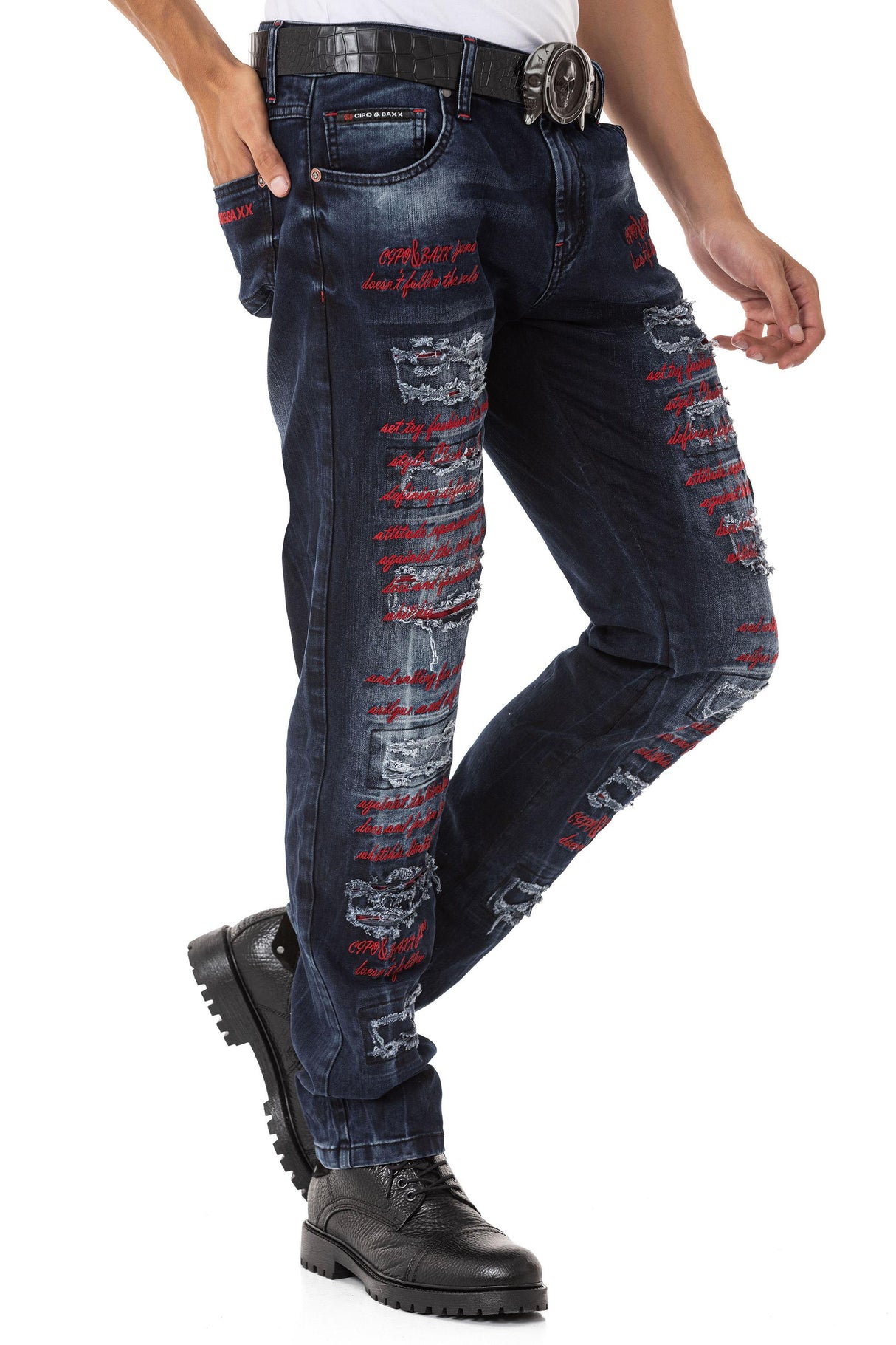 CD694 Yırtık Detaylara Sahip Yazı İşlemeli Erkek Jean Pantolon