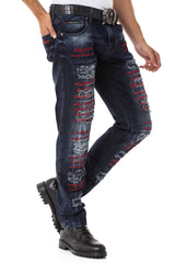 CD694 Yırtık Detaylara Sahip Yazı İşlemeli Erkek Jean Pantolon