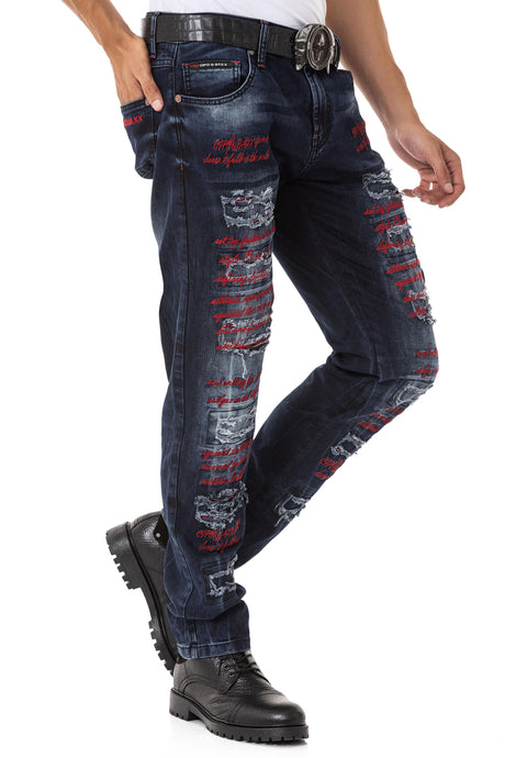 CD694 Yırtık Detaylara Sahip Yazı İşlemeli Erkek Jean Pantolon