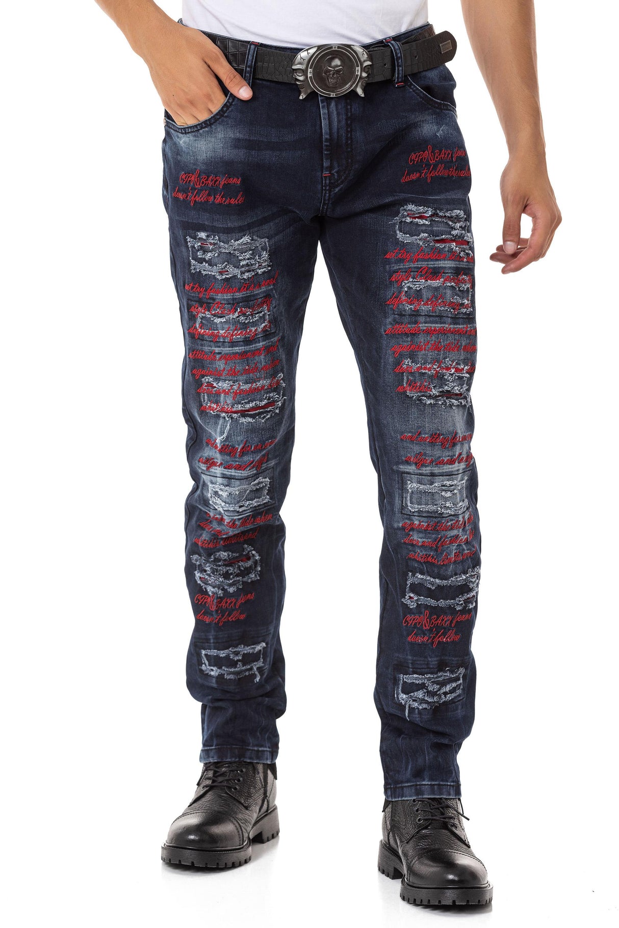 CD694 Yırtık Detaylara Sahip Yazı İşlemeli Erkek Jean Pantolon