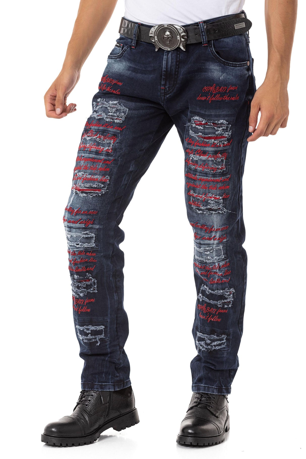 CD694 Yırtık Detaylara Sahip Yazı İşlemeli Erkek Jean Pantolon