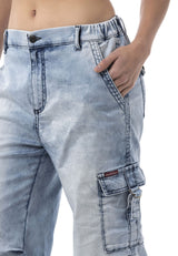 WD544 Kadın Bol Paça Kot Pantolon – Kargo Cepli Buz Mavisi Rahat Kesim Pantolon