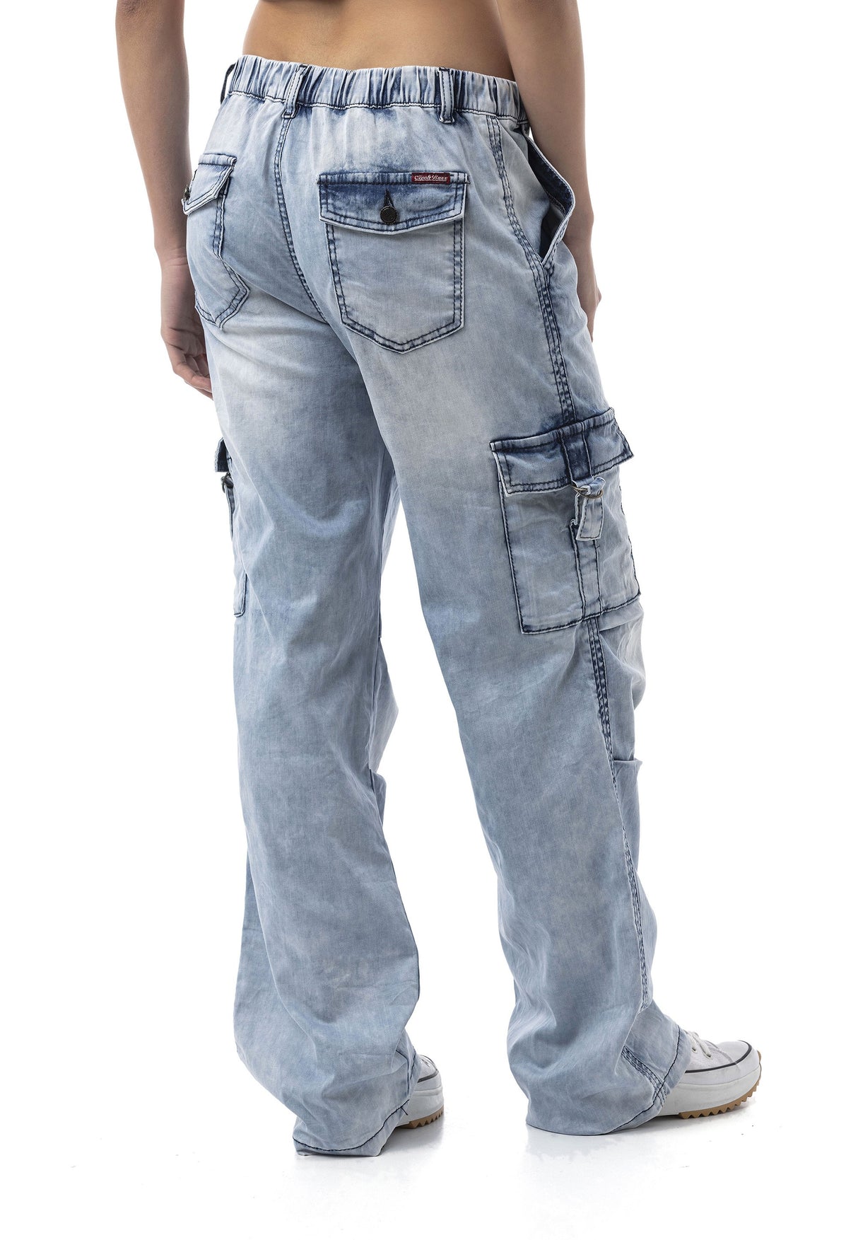 WD544 Kadın Bol Paça Kot Pantolon – Kargo Cepli Buz Mavisi Rahat Kesim Pantolon