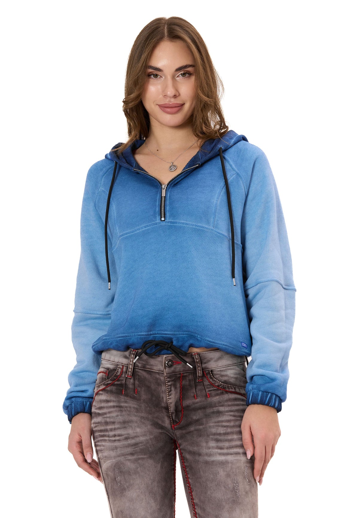 Kadın Crop Oversize Kapüşonlu Yıkamalı Yarım Fermuarlı Sweatshirt WL373