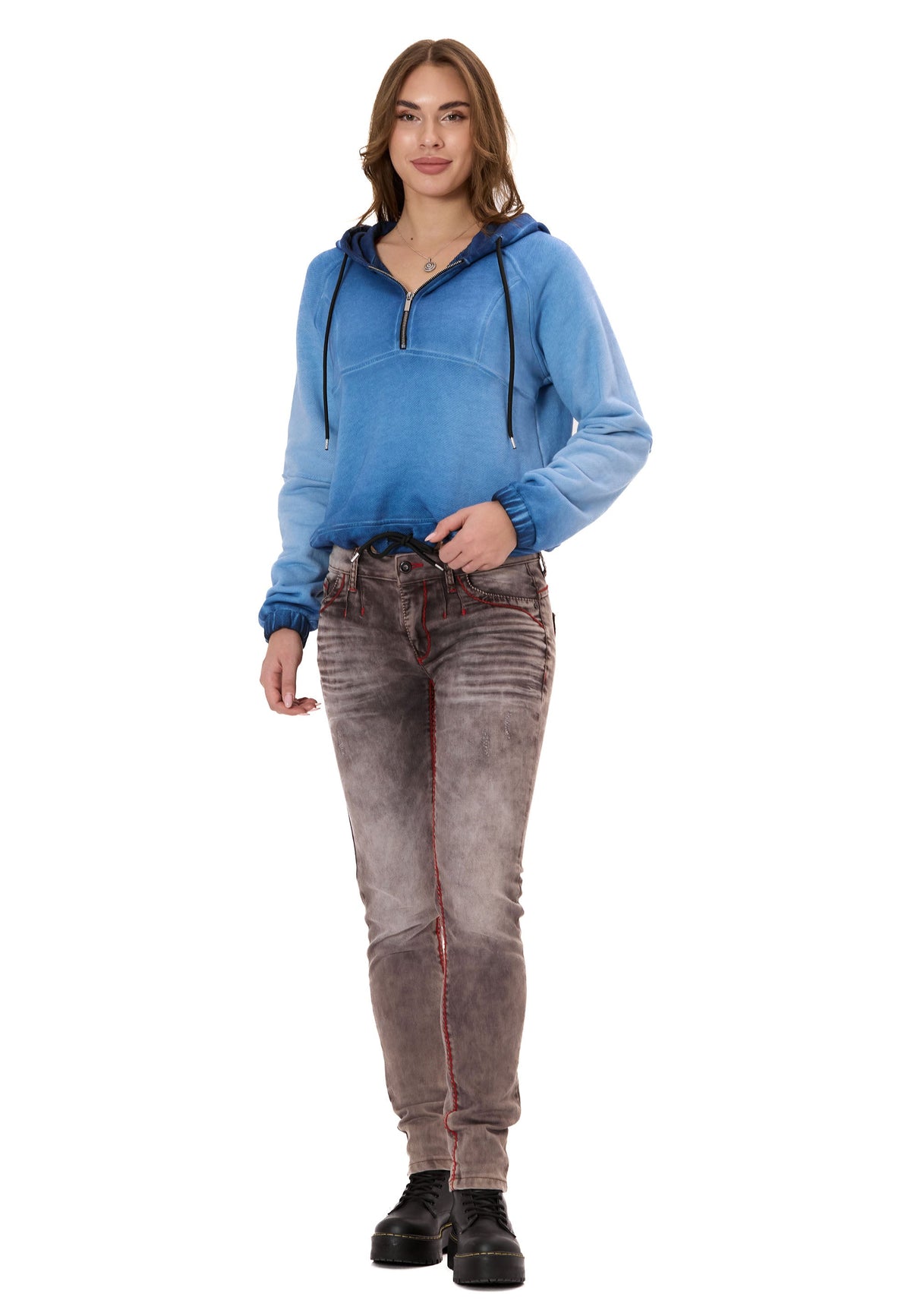 Kadın Crop Oversize Kapüşonlu Yıkamalı Yarım Fermuarlı Sweatshirt WL373