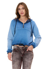 Kadın Crop Oversize Kapüşonlu Yıkamalı Yarım Fermuarlı Sweatshirt WL373
