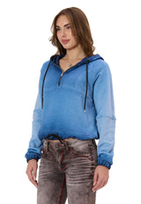 Kadın Crop Oversize Kapüşonlu Yıkamalı Yarım Fermuarlı Sweatshirt WL373