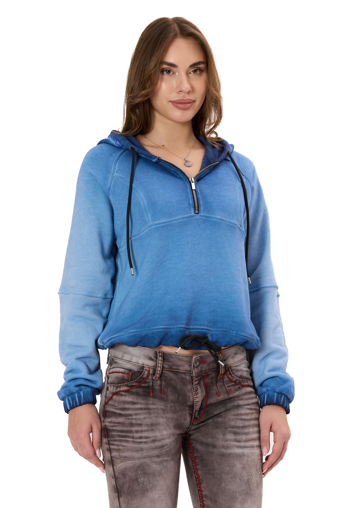 Kadın Crop Oversize Kapüşonlu Yıkamalı Yarım Fermuarlı Sweatshirt WL373