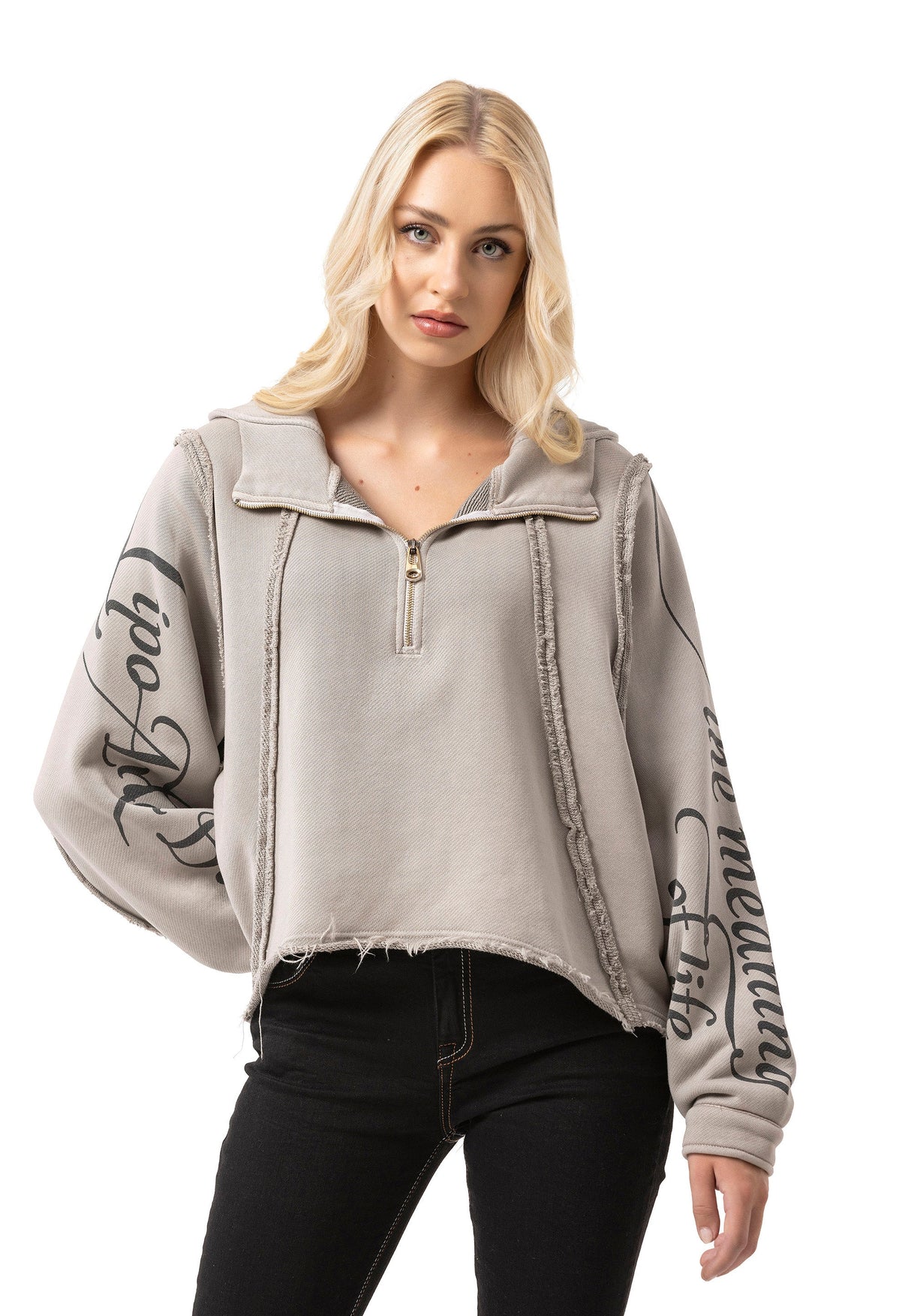Kadın Crop Oversize Yarım Fermuarlı Pamuklu Sweatshirt WL380