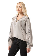 Kadın Crop Oversize Yarım Fermuarlı Pamuklu Sweatshirt WL380
