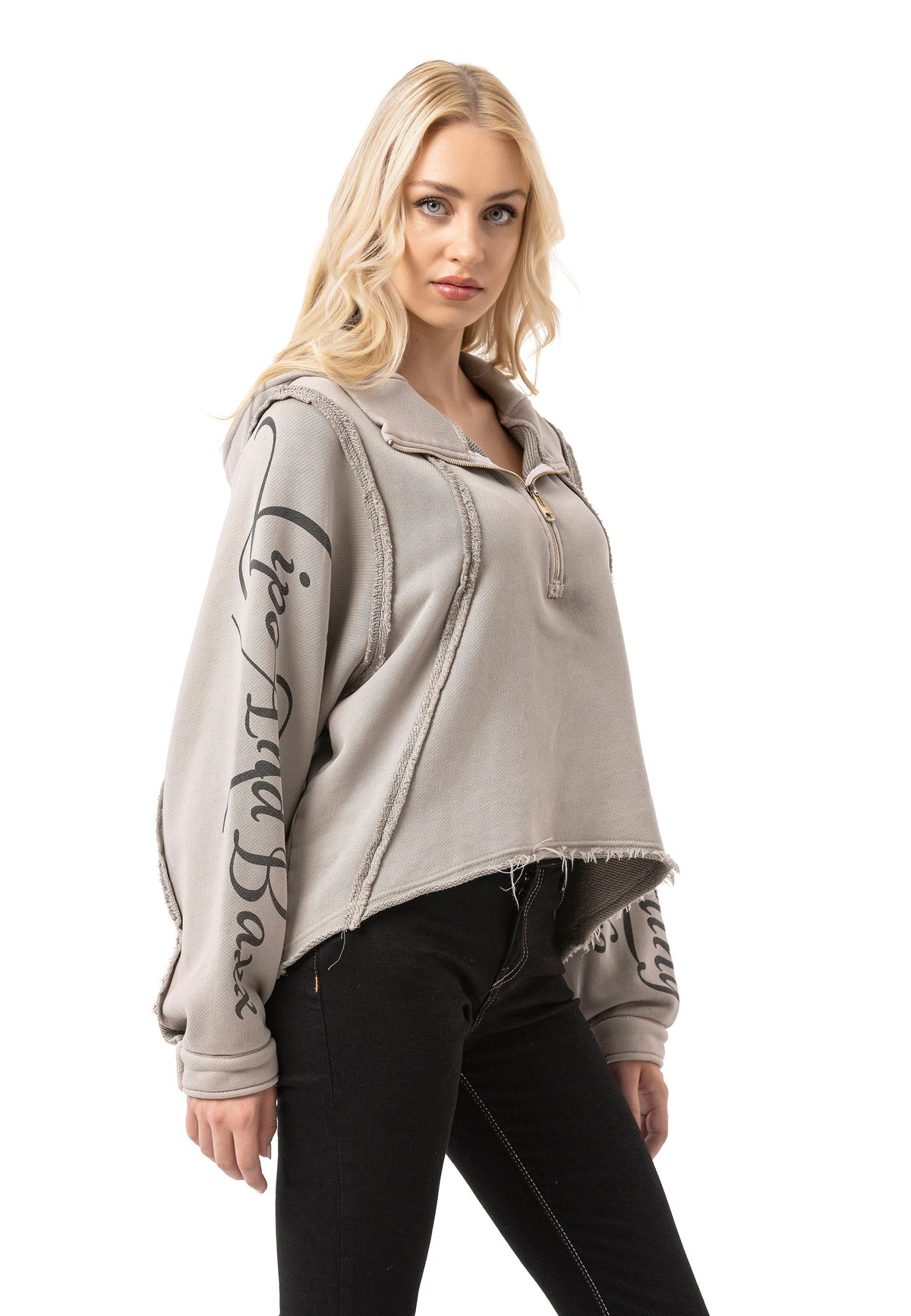 Kadın Crop Oversize Yarım Fermuarlı Pamuklu Sweatshirt WL380