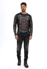 Erkek Kuru Kafa Baskılı Bisiklet Yaka Uzun Kollu Sweatshirt CL616