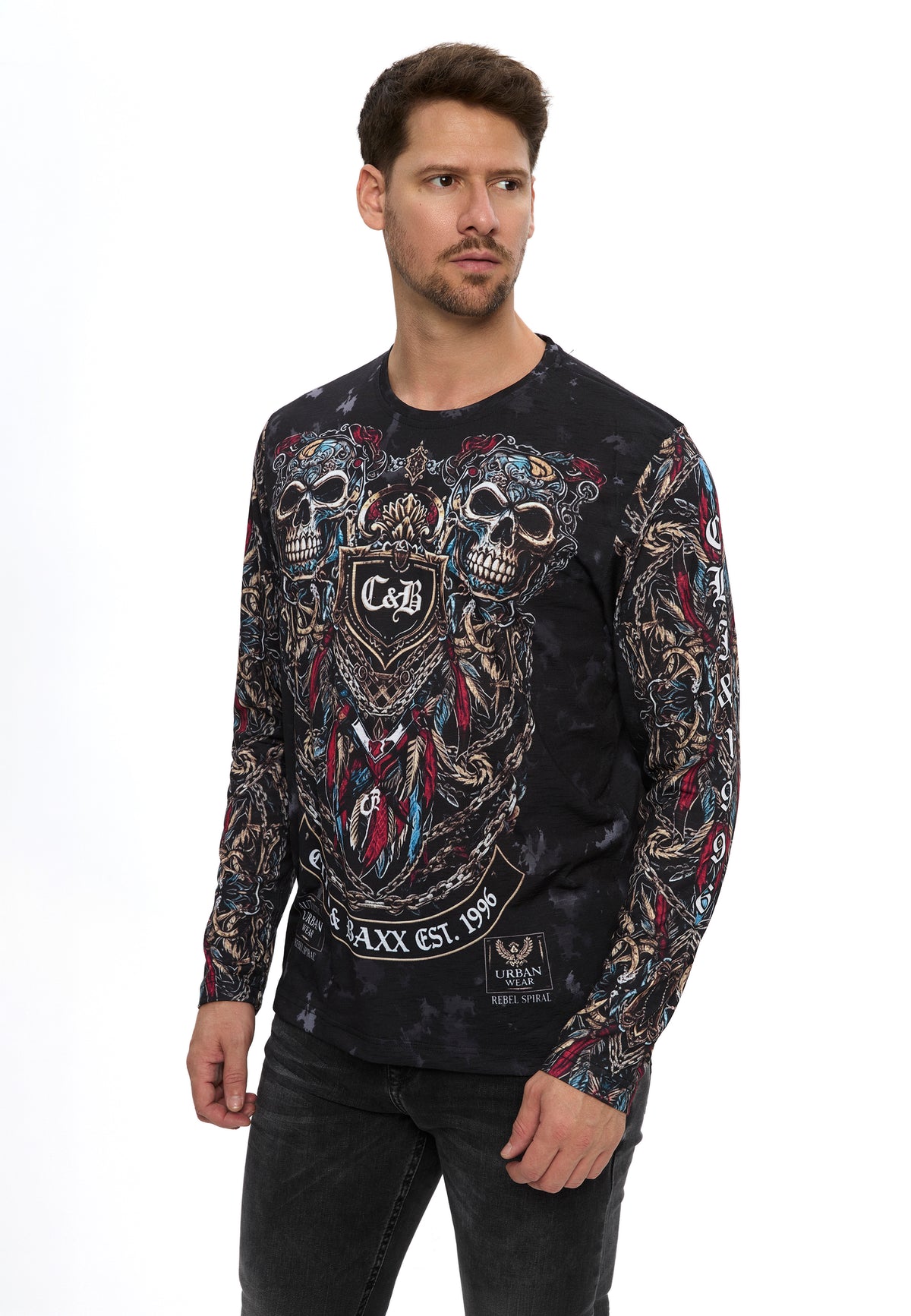 Erkek Kuru Kafa Baskılı Bisiklet Yaka Uzun Kollu Sweatshirt CL616