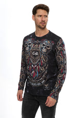 Erkek Kuru Kafa Baskılı Bisiklet Yaka Uzun Kollu Sweatshirt CL616