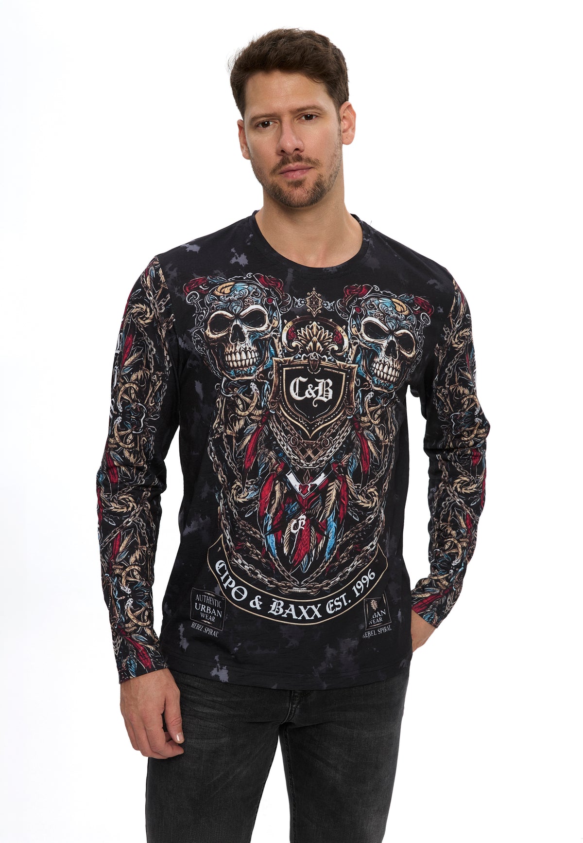 Erkek Kuru Kafa Baskılı Bisiklet Yaka Uzun Kollu Sweatshirt CL616