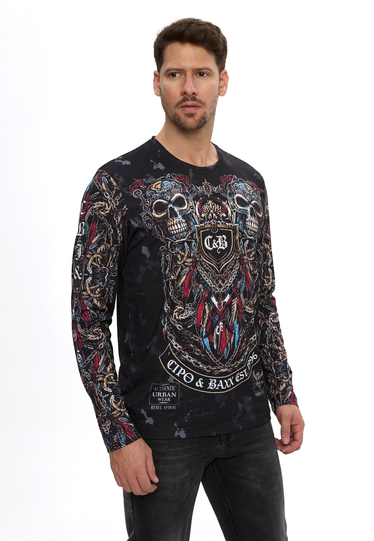 Erkek Kuru Kafa Baskılı Bisiklet Yaka Uzun Kollu Sweatshirt CL616