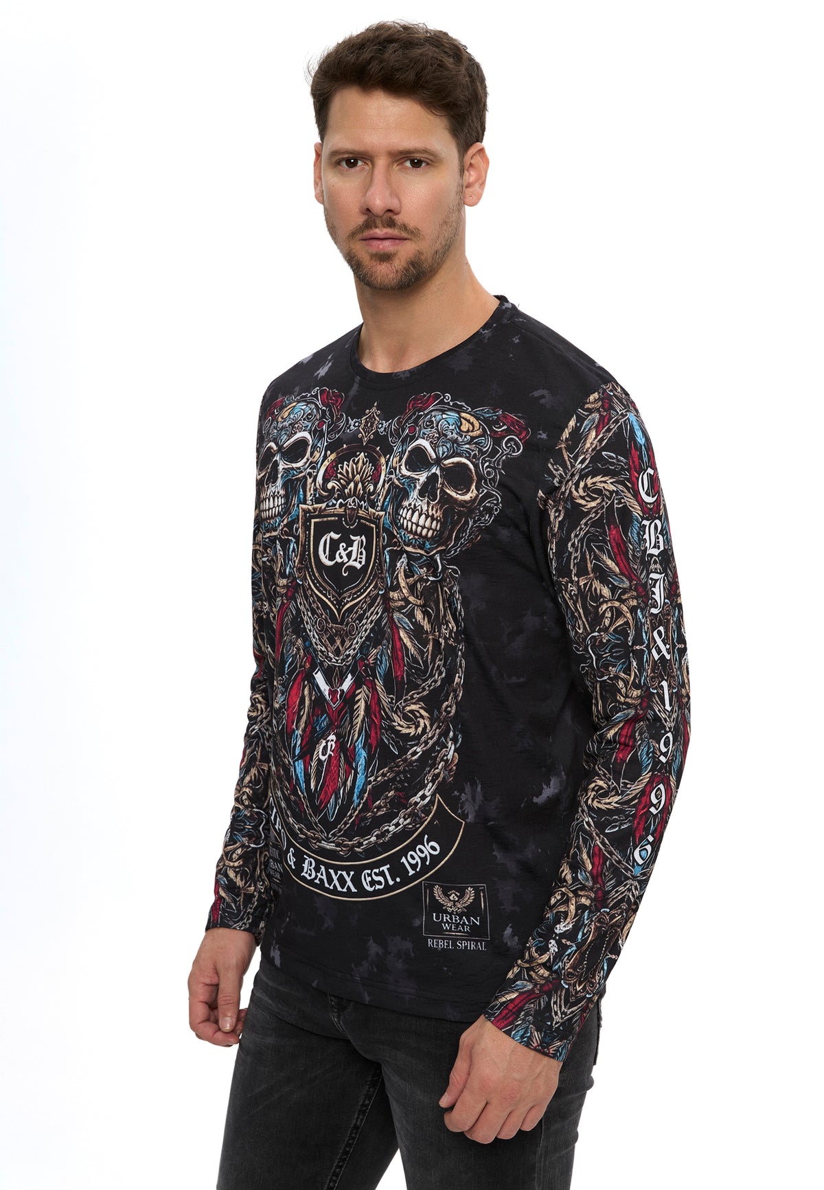 Erkek Kuru Kafa Baskılı Bisiklet Yaka Uzun Kollu Sweatshirt CL616