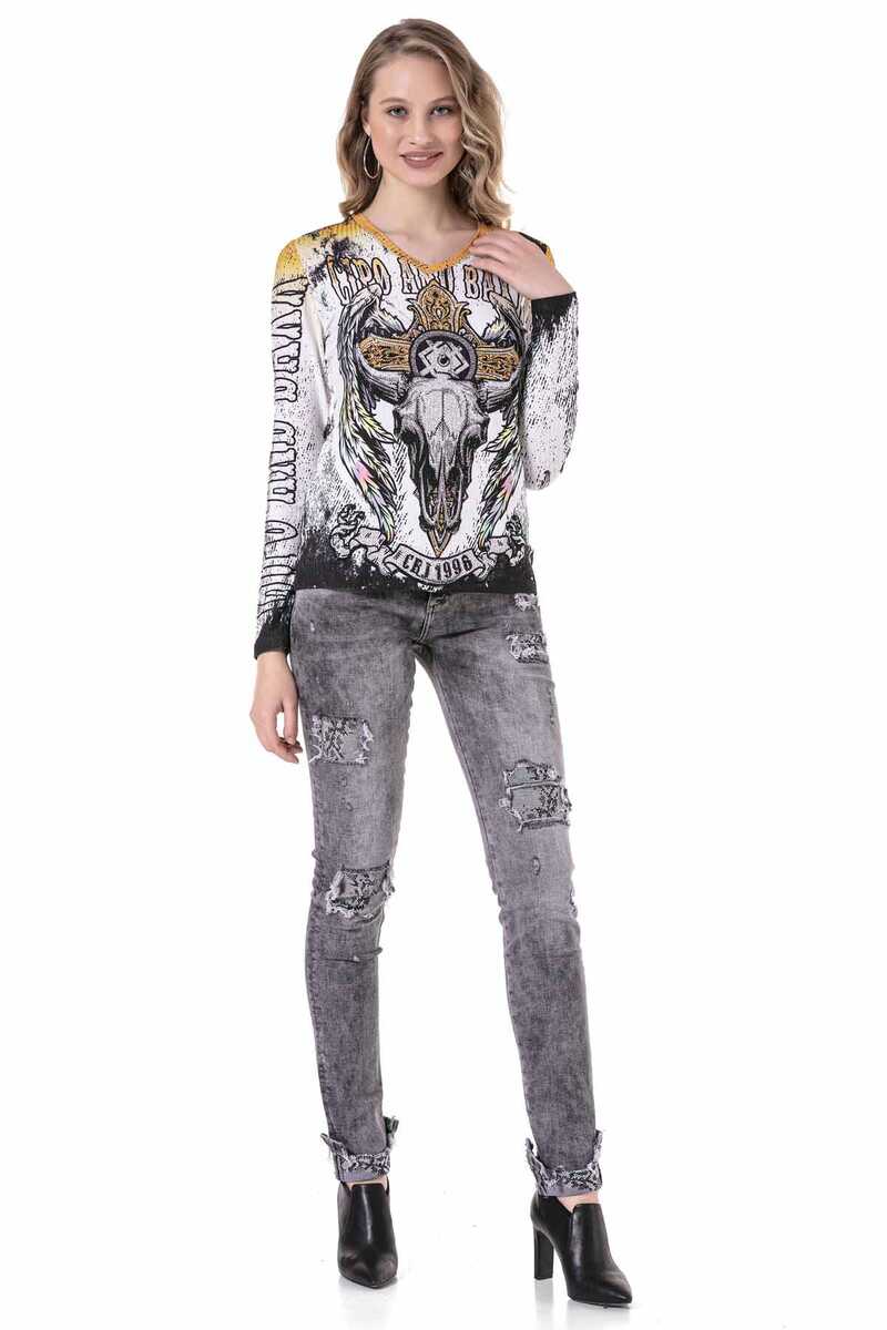 WL292 V Yaka  Desenli Ince Sweatshirt